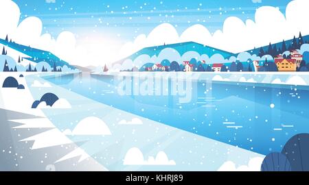 Landscape Of Winter Village Houses Near Mountain Hills And Frozen River Or Lake Stock Vector