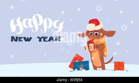 Happy New Year 2018 Background With Cute Dog Wearing Santa Hat Stock Vector