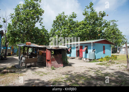 DRAVUNI ISLAND, FIJI, PACIFIC ISLANDS: NOVEMBER 29,2016:  Old metal shacks with colourful home in rural village with greenery on Dravuni Island, Fiji Stock Photo