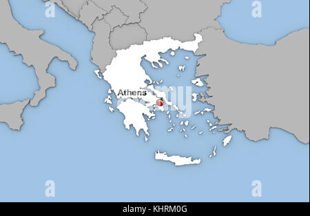 Abstract 3d render of map of Greece highlighted in white color and location of the capital Athens marked with red pin Stock Photo