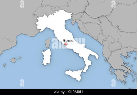 Abstract 3d render of map of Italia highlighted in white color and location of the capital Rome marked with red pin Stock Photo