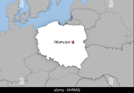 Abstract 3d render of map of Poland highlighted in white color and location of the capital Warsaw marked with red pin Stock Photo