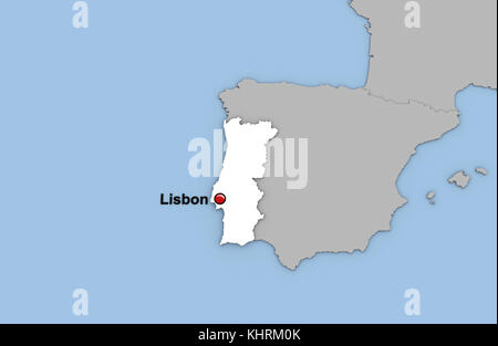 Abstract 3d render of map of Portugal highlighted in white color and location of the capital Lisbon marked with red pin Stock Photo