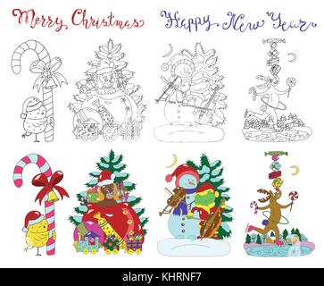 Design vector set with colorful and graphic Christmas and New year characters and icons. Hand drawn isolated illustrations, design element, for poster Stock Vector