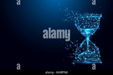 Hourglass icon from lines and triangles, point connecting network on blue background. Illustration vector Stock Vector