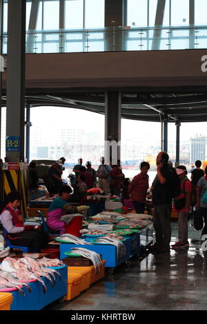 Fresh seafood grocery stall in South Korea Jagalchi Fish Market. Stock Photo