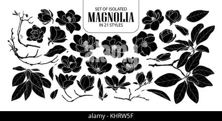 Set of isolated silhouette magnolia in 21 styles. Cute hand drawn flower vector illustration in white outline and black plane on black background. Stock Vector