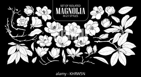 Set of isolated white silhouette magnolia in 21 styles. Cute hand drawn flower vector illustration in white plane and no outline on black background. Stock Vector