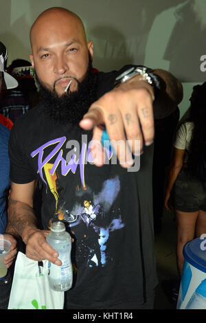 MIAMI , FL - AUGUST 08: (EXCLUSIVE COVERAGE) 20-year-old Eric Leon has emerged as a young gun on the hip hop scene and has been referred to as the next Eminem. He dropped his self-titled mixtape with DJ Khaled at an exclusive launch party tonight  hosted by Grammy Award-winning producers Cool & Dre at Universal Miami Studios on August 08, 2017 in Miami Beach, Florida  People:  Producer Cool Stock Photo