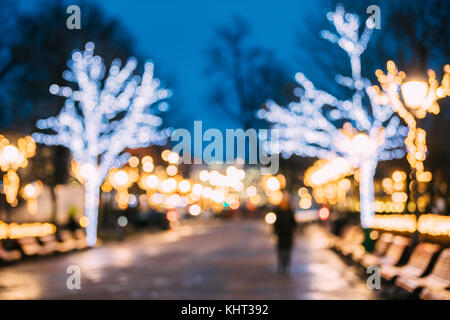 Helsinki, Finland. Defocused Blue Bokeh Background Of Esplanadi Park In Lighting At Evening Night Festive Illumination. Winter Christmas Xmas Holiday  Stock Photo