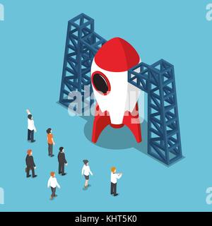 Flat 3d isometric businessman looking at space shuttle. Start up business concept. Stock Vector