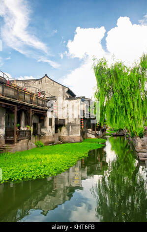 The Chinese architecture and buildings lining the water canals to Xitang town in Zhejiang Province China. Stock Photo