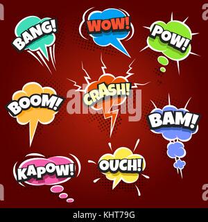 Set of Comic speech bubbles set with different text Wow, Ouch, Bang, Pow, Crash etc, Pop Art style. Vector illustration. Stock Vector