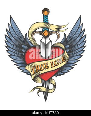 Heart with wings pierced by dagger and ribbon with lettering True Love drawn in tattoo style. Vector illustartion Stock Vector