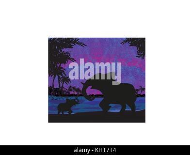 Elephants Enjoy a Sunset Stock Vector
