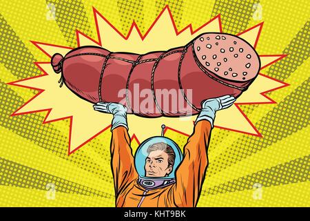 Astronaut and cooked sausage, meat products. Pop art retro vector illustration Stock Vector