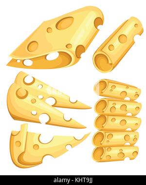 Pieces of Cheese isolated on white. Popular kind of cheese icons isolated. Cheese types. Modern flat style realistic vector illustration on white back Stock Vector