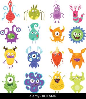 Vector cartoon style set of colorful funny bacteria characters. Bad and good flora microbes. Isolated on white background. Stock Vector