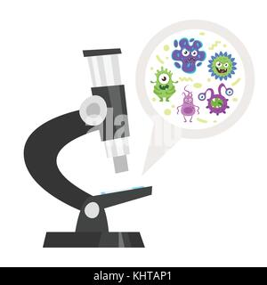 Vector cartoon style illustration of colorful funny bacteria characters in microscope. Good and bad flora microbes. Isolated on white background. Stock Vector