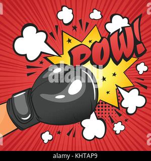 Vector hand drawn pop art illustration of boxing glove. "Pow" text. Retro style. Hand drawn sign. Illustration for print, web. Stock Vector