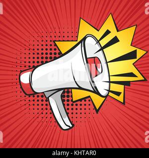 Vector hand drawn pop art illustration of loudspeaker. Retro style. Hand drawn sign. Illustration for print, web. Stock Vector