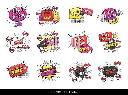 Vector hand drawn pop art set of black Friday sale banners. Retro style. Hand drawn sign. Illustration for print, web. Stock Vector