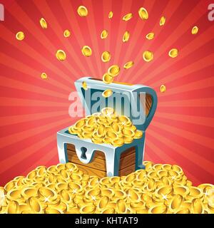 Vector cartoon style illustration of open treasure chest with falling golden coins on red background. Stock Vector