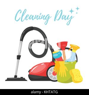 Vector cartoon style illustration of cleaning service tools banner. Housekeeping icons. Isolated on white background. Stock Vector