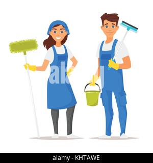 Vector cartoon style illustration of cleaning service man and woman character. Isolated on white background. Stock Vector