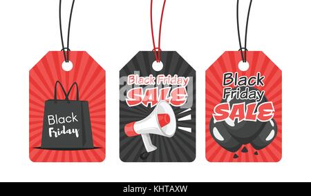 Vector cartoon style set of black Friday tags with sale symbols: shopping bag, loudspeaker and black balloons. Stock Vector