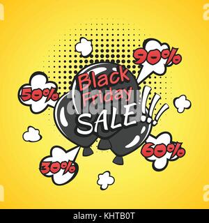 Vector hand drawn pop art illustration of black friday banner with black balloons. Retro style. Hand drawn sign. Illustration for print, web. Stock Vector