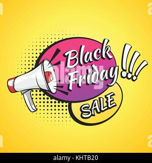 Vector hand drawn pop art illustration of black friday banner with loudspeaker. Retro style. Hand drawn sign. Illustration for print, web. Stock Vector