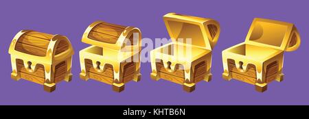 Vector cartoon style illustration of treasure chest for animation. Open and closed antique box. Isolated on white background. Game user interface (GUI Stock Vector