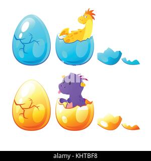 Vector cartoon style set of little dragon hatched from egg. Isolated on white background. Stock Vector