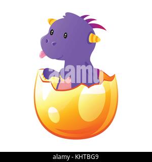 Vector cartoon style illustration of little dragon hatched from egg. Isolated on white background. Stock Vector