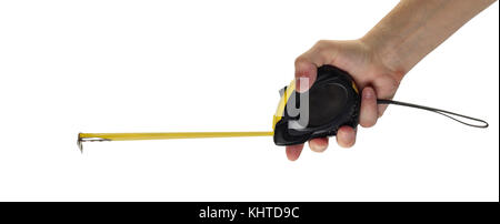 Objects hands action - Self-retracting metal tape measure  worker hand isolated white background. Stock Photo