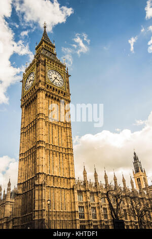 Big Ben clock tower and Houses of Parliament in central London, wide-angle shot from below looking up into the sky.