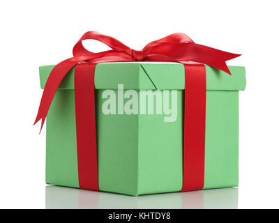 green gift box with red ribbon bow isolated on white Stock Photo