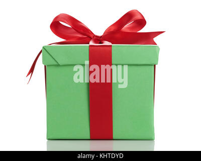 green gift box with red ribbon bow isolated on white Stock Photo