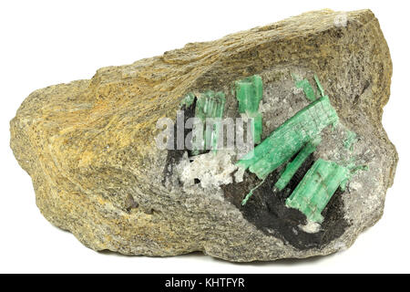 emeralds nestled in bedrock found in Hunan/ China isolated on white background Stock Photo