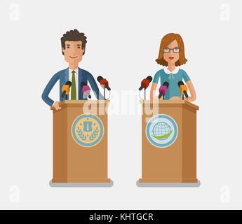 Orator speaking from tribune, podium. Press conference, interview concept. Vector flat illustration Stock Vector