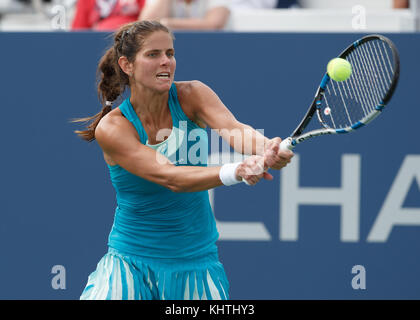 German tennis player JULIA GOERGES (GER) playing backhand shot during women's singles match at US Open 2017 Tennis Championship, New York City, New Yo Stock Photo