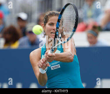 German tennis player JULIA GOERGES (GER) playing backhand shot during women's singles match at US Open 2017 Tennis Championship, New York City, New Yo Stock Photo