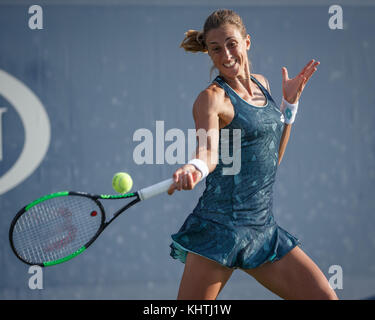Croatian tennis player PETRA MARTIC (CRO) hitting a forehand shot during women's singles match in US Open 2017 Tennis Championship, New York City, Stock Photo