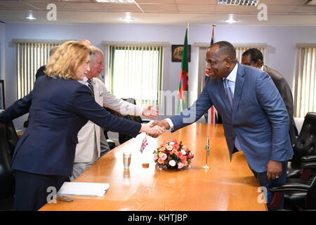 The Prince of Wales attends a cabinet meeting with International Development Secretary Penny Mordaunt, shaking hands with Dominica's Prime Minister Roosevelt Skerrit on the island of Dominica, as he continues his tour of hurricane-ravaged Caribbean islands. Stock Photo