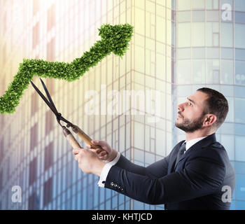 Businessman that cuts and adjusts a plant shaped like an arrow stats. Concept of startup company . 3D Rendering