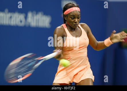 American tennis player SLOANE STEPHENS (USA) hitting a forehand shot during women's singles match at US Open 2017 Tennis Championship, New York City,  Stock Photo