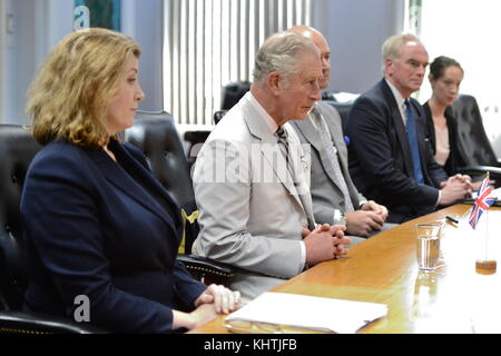 The Prince of Wales attends a cabinet meeting with International Development Secretary Penny Mordaunt (left) on the island of Dominica, as he continues his tour of hurricane-ravaged Caribbean islands. Stock Photo