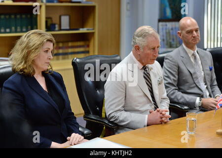 The Prince of Wales attends a cabinet meeting with International Development Secretary Penny Mordaunt on the island of Dominica, as he continues his tour of hurricane-ravaged Caribbean islands. Stock Photo