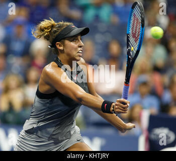 American tennis player MADISON KEYS (USA) playing forehand shot in US Open 2017 Tennis Championship, New York City, New York State, United States. Stock Photo